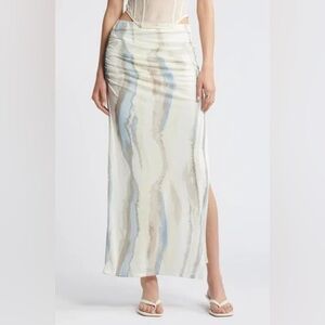 Open Edit Ivory Seafoam Swirl Ruched Side Slit Mesh Maxi Skirt XL